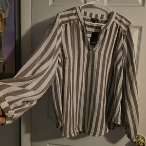 Torrid Size 1x Striped Brown and White Blouse Long Sleeve New With Tags